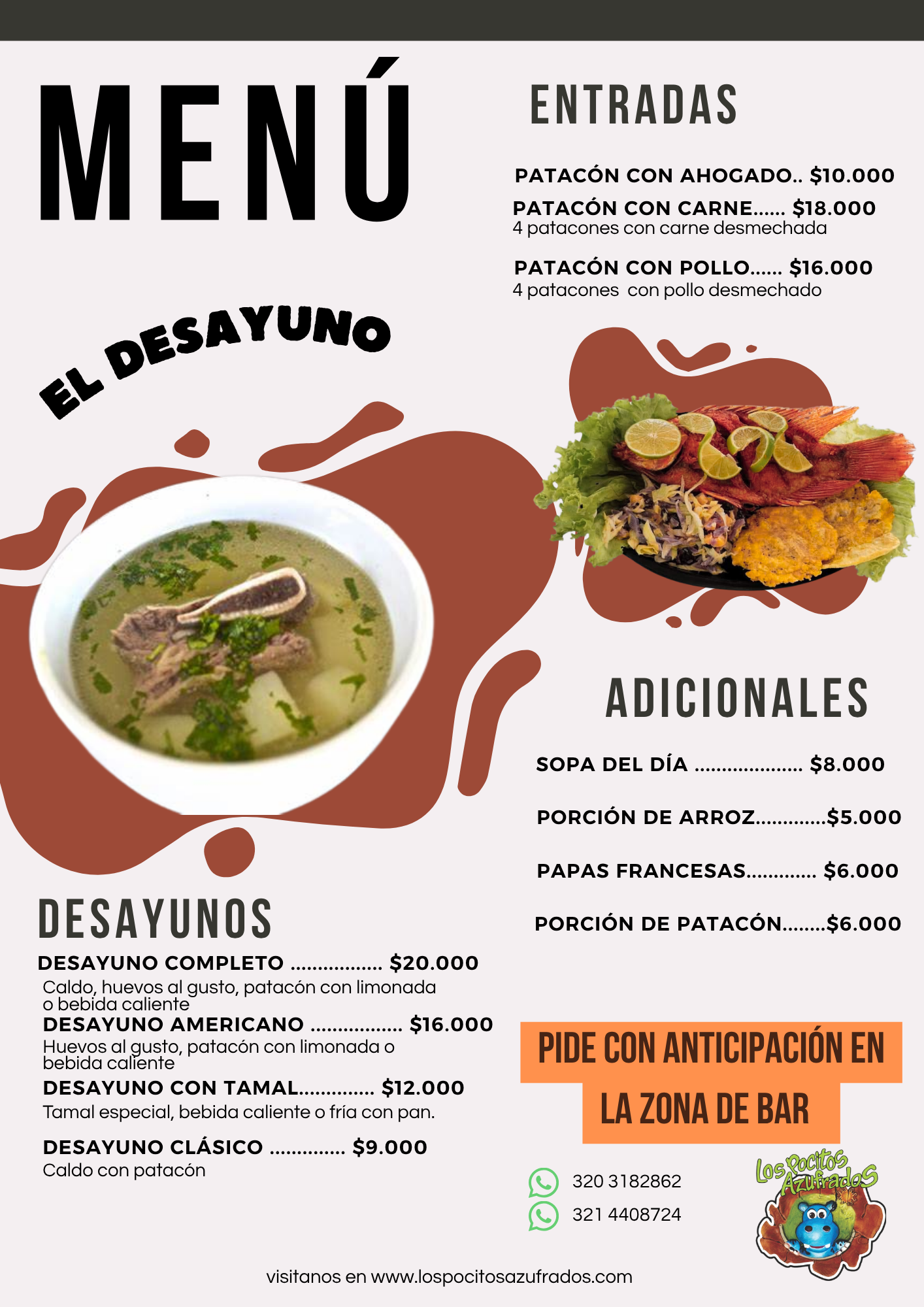 Carta de entradas, desayunos y adicionales